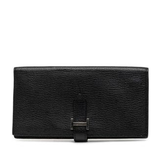 Herm&egrave;s Noir Chevre Leather Long Wallet (Bi-Fold) (Pre-Owned)