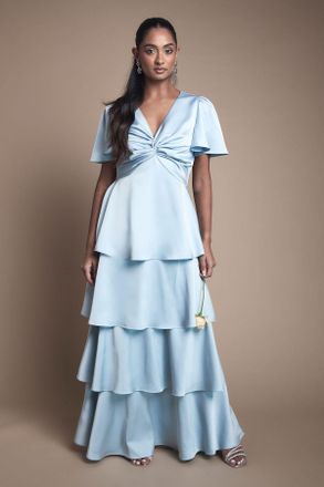 Oasis Womens Satin Twist Front Tiered Bridesmaid Maxi Dress - Light Blue - Size 14 UK