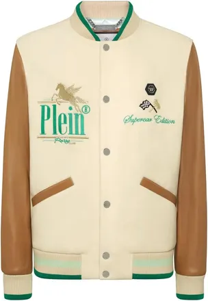 Philipp Plein College Bomber Jacket LS Racing Club - Heren - Bomber jackets - Beige - L - Leer - Jassen