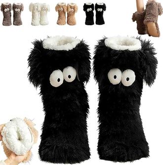 Generic Cozy Socks for Women, Winter Warm Fuzzy Non-Slip Slipper Socks with Cute Big Eyes, Thick Plush Winter Home Socks, Soft Warm Floor Socks (Black)