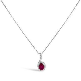 House of Brilliance 10K White Gold Red Ruby and Diamond Accent Teardrop Pendant Necklace - 18 Inches