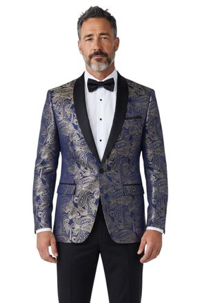 TruClothing Mens Velvet Paisley Floral Blue Gold Tuxedo Blazer - STZ63