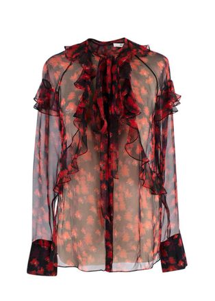 Givenchy Red and Black Floral Sheer Silk Blouse Size XS