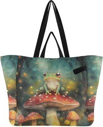 Generic Frog Mushroom Teal print Reusable Canvas Tote Bag, Heavy Duty Grocery Shopping Bag with Large Capacity Hard Bottom Double Handles Work Groceries Trave