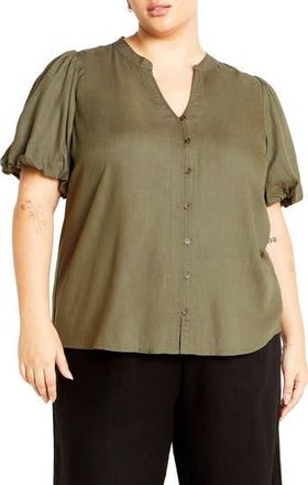 City Chic Georgia Short Sleeve Button Front Shirt in Olive at Nordstrom Rack, Size Xl/22W