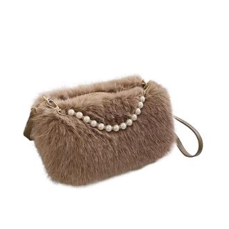 Generic Womens Plush Bags Candy Color Pearl Handle Womens Plush Crossbody Bag Portable Female Furry Handbags Winter Casual Ladies Shoulder Bags(Coffee)