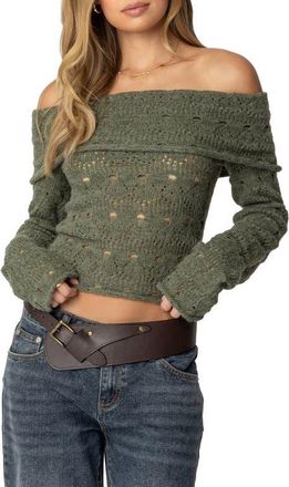 Edikted Kenna Off the Shoulder Long Sleeve Knit Top in Green at Nordstrom, Size X-Small