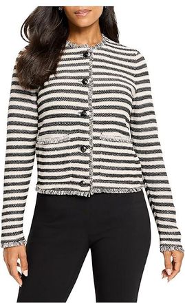 Nic+Zoe Petite Striped Fringe Mix Femme Knit Jacket Womens Jacket Black : PS, Cotton/Linen/Modal