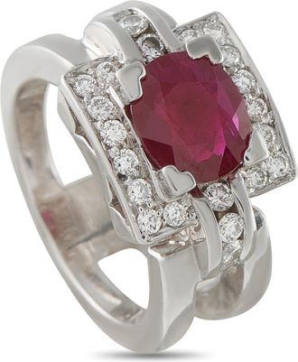 Luxury Bazaar 18K White Gold 0.48ct Diamond and Ruby Square Halo Cocktail Ring MF04-062926