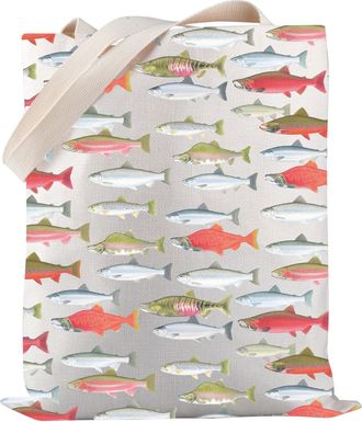 Generic Fisher Gifts Salmon Tote Bag Trouts And Salmons of the Pacific Northwest Tote Bag Nature Lover Gift (Trouts And Salmons TOTE)