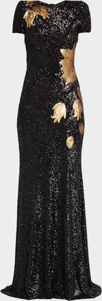 Naeem Khan Short-Sleeve Sequined Flower Applique Gown