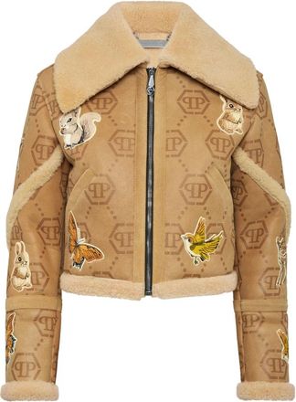 Philipp Plein Cropped Geborduurde Leren en Shearling Jas Monogram - Dames - Jassen - Beige - L - Leer - Jassen