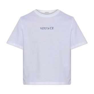 Versace T-Shirts, female, White, Size: 2XS Embroidered Cotton-Jersey T-Shirt