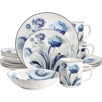 Elama Peony Garden 16 Piece Floral Design Round Porcelain Dinnerware Set in White at Nordstrom