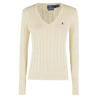 Polo Ralph Lauren V-neck Knitwear, female, Beige, Size: S Cream Cotton Knit V-Neck Sweater