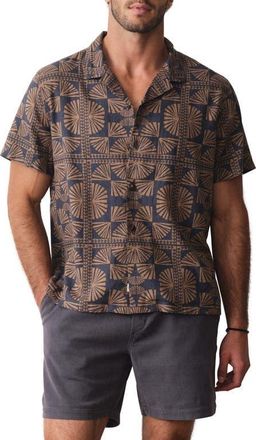 Marine Layer Pablo Geo Print Linen Blend Resort Shirt in Brown/navy Geo Fan Print at Nordstrom, Size Xx-Large