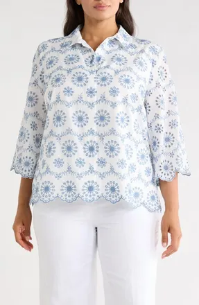 Anne Klein Scallop Eyelet Button Up Shirt in Crisp White/lagoon at Nordstrom Rack, Size 1 X