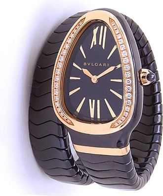 Bulgari Pre-owned Bvlgari Serpenti Spiga Quartz Diamond Black Dial Ladies Watch 102532