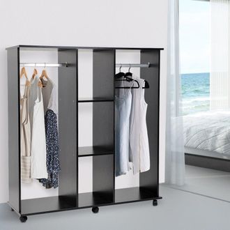 HOMCOM Double Mobile Open Wardrobe With Clothes Hanging Rails Storage Shelves Organizer Bedroom Furniture - Black - Home Living | TJ Hughes