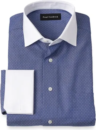 Paul Fredrick Cotton Spread Collar Dobby Slim Contrast Trim French Cuff Long Sleeve in Blue at Nordstrom, Size 17.5