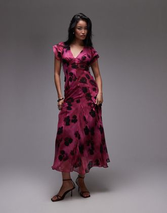 Topshop Vestito lungo da cerimonia allacciato sulla schiena rosa con stampa a fiori