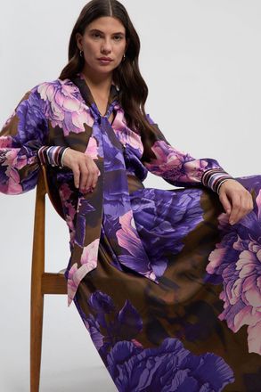 Karen Millen Womens Petite Floral Print Hammered Satin Collared Woven Shirt Dress - Size 12 UK