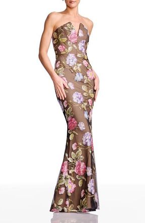 Dress The Population Fernanda Embroidered Floral Strapless Gown in Black Multi at Nordstrom, Size Xx-Small