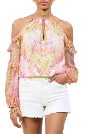 Lipsy Metallic Ruffle Clip-Dot Chiffon Top in Yellow Multi at Nordstrom, Size 4 Us