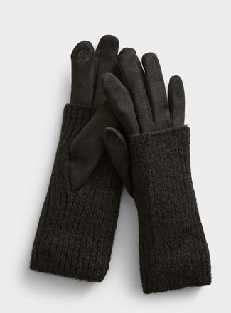 Simons Womens Ribbed wrist-warmer faux-suede gloves