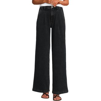 Lands End High Rise Soft Denim Pleated Wide Leg Trousers in Black Wash at Nordstrom, Size 12Short
