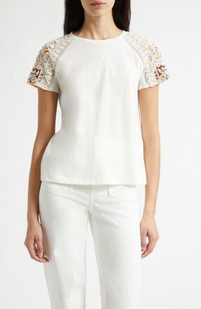 Ramy Brook Tyler Sequin Embroidery Detail Cotton T-Shirt in Coffee Combo at Nordstrom, Size Xx-Small
