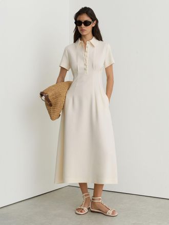 Reiss Cream Petite Button-neck Short-sleeve Midi Dress, 12