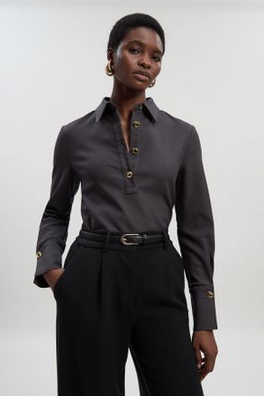 Karen Millen Womens Techno Cotton Silver Clasp Detail Long Sleeve Shirt - Charcoal - Size 10 UK