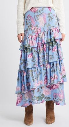Treasure & Bond Floral Tiered Ruffle Maxi Skirt in Blue Garden Floral at Nordstrom, Size Xx-Small