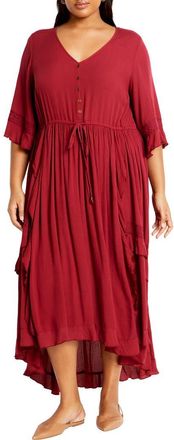 City Chic Rosie Lace Trim High-Low Maxi Dress in Red at Nordstrom, Size Xxl