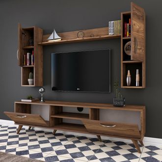 Dmora Pared Modular Tino, Mueble De Sal&oacute;n 9 Estantes, 4 Puertas, Set Combinable, Marr&oacute;n Nogal