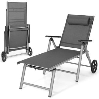 Costway Costway Tumbona De Jard&iacute;n Ruedas Textileno, Tumbona Plegable De Alumnio, Reclinable Con Respaldo Ajustable En 7 Posiciones Y Reposacabezas Extra&iacute;ble, 