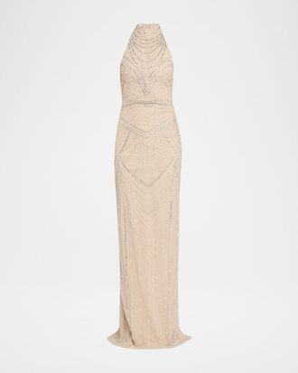 Pamella Roland Embroidered Tulle Halter Gown
