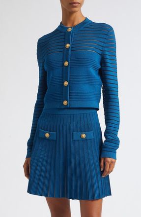 Balmain Ottoman Stripe Cardigan in 6Br Night Blue at Nordstrom, Size 38