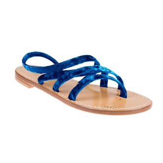 Emanuela Caruso Capri blue chenille ankle-strap sandals | Handmade footwear, leather sole crafted according to Caprese tradition, 1 cm heel, size 35