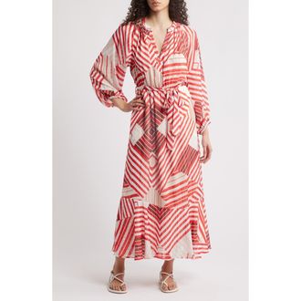 Ciebon Gaeley Print Tie Waist Long Sleeve Maxi Dress in Red Multi at Nordstrom Rack, Size X-Small