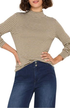 Nic+Zoe Stripe Long Sleeve Mock Neck T-Shirt in Green Multi at Nordstrom, Size Xx-Large