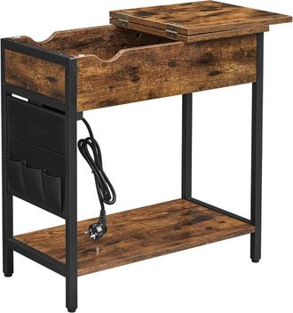 Vasagle Mesa auxiliar con multienchufe de color marr&oacute;n r&uacute;stico y negro