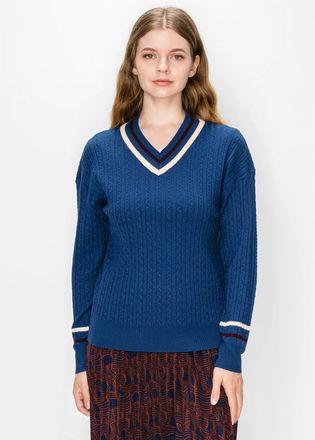 YAL New York Blue Cable Knit Sweater with Contrast Neckline