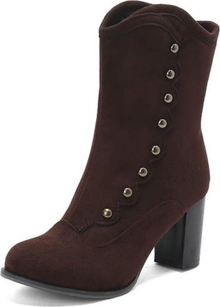 Generic Womens Retro Dressy Ankle Boots with Side Zipper Velvet Round Toe Block High Heel Comfort Winter Warm Shoes (5.5,Brown)