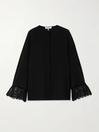 Chloé Camicia In Crêpe De Chine Di Seta Con Finiture In Pizzo - Nero