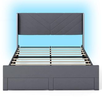 Costway Costway King Size Bed Frame w/LED Lights Dutch Velvet Upholstered Platform Bed in Grey