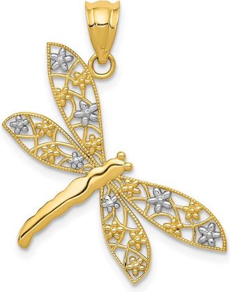Diamond2Deal 14k Yellow Gold Rhodium Filigree Dragonfly Pendant
