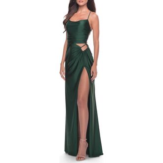 La Femme Cut Out Jersey Dress with High Slit in Emerald at Nordstrom, Size 00