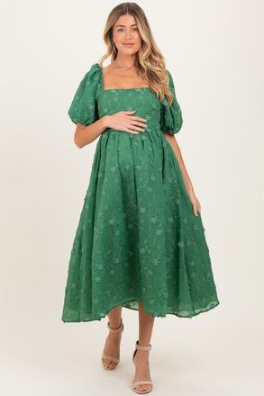 Pinkblush Embroidered Floral Puff Sleeve Midi Dress in Forest Green at Nordstrom, Size Small